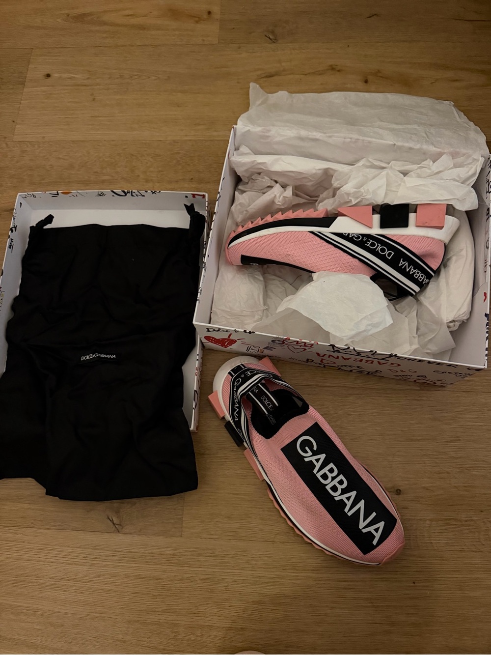 Dolce & Gabbana Pink and Black Women's Slip-On Logo Sneakers